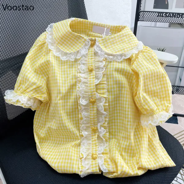 Japanese Lolita Style Lace Plaid Blouses Summer Women Kawaii Peter Pan Collar JK Shirt Cute Girls Sweet Puff Sleeve Blusas Mujer - Imagen 3