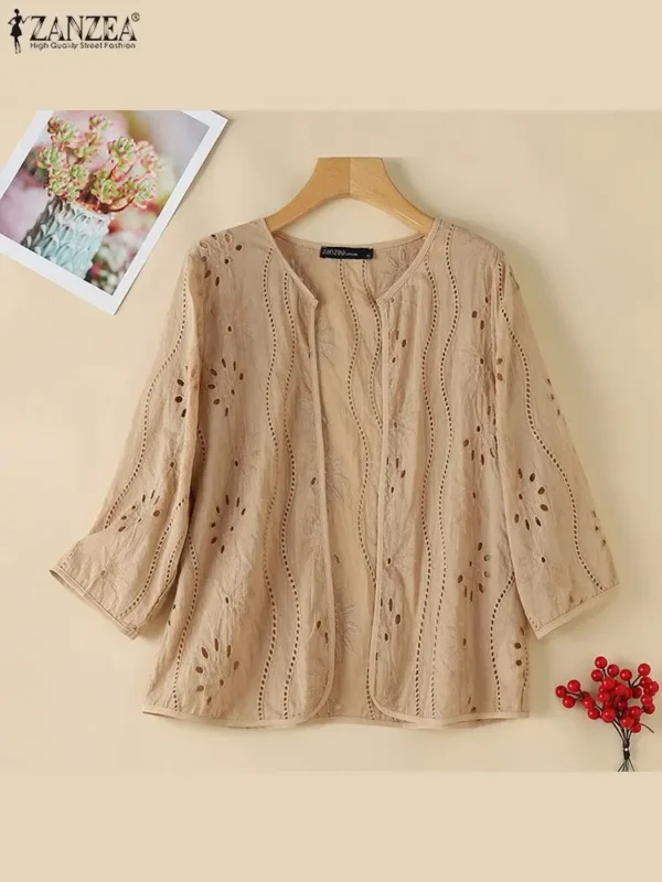 ZANZEA Women Fashion Hollow Out Embroidered Cardigan Shirts Summer 2024 Elegant 3/4 Sleeve Kimonos Casual Holiday Cover-up Tops - Imagen 4