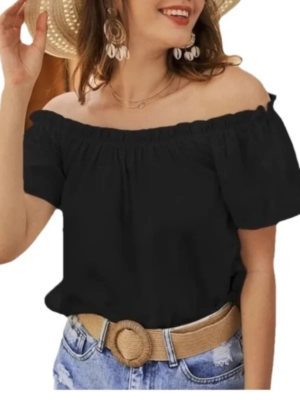 Elegant Solid Shirt Women Fashion Sexy Off Shoulder Short Sleeve Ruffles Top Shirts Lady Casual Office Holiday Tops Shirt Summer - Imagen 2