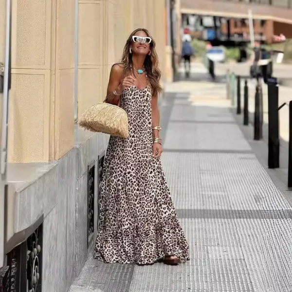 Women's Dress Fashion Spaghetti Strap Summer Leopard Elegant Casual Loose New Dresses For Women Robe Femme Holiday Party Dress - Imagen 2