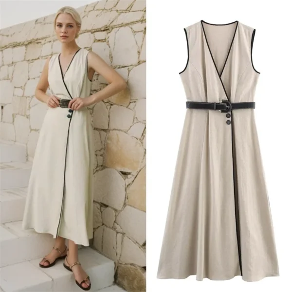 Women's Dress 2025 Summer New Arrival Khaki Sleeveless Blended Midi Long Dress with Belt Decoration Personal Style Elegant