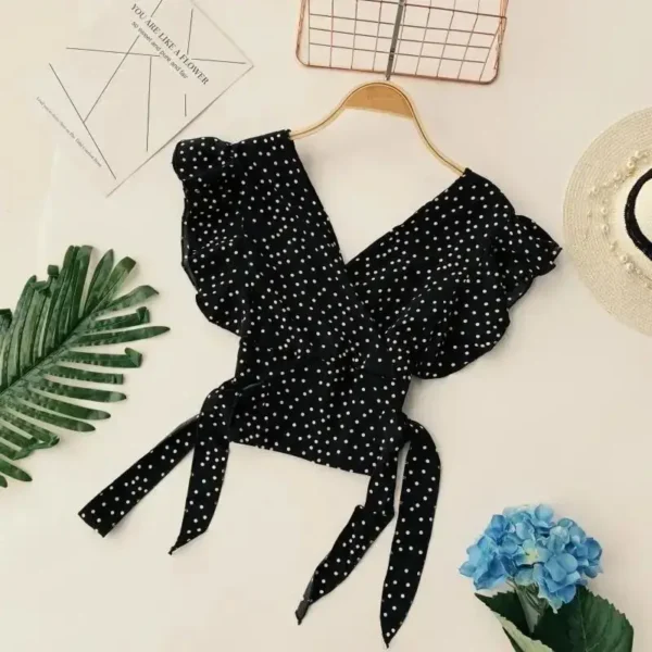 Polka Dot Printing Chiffon Lace Up V-Neck Sexy Chic Flying Sleeve Women's Blouse Shirt Korean Fashion Female Clothing Tops 2024 - Imagen 2