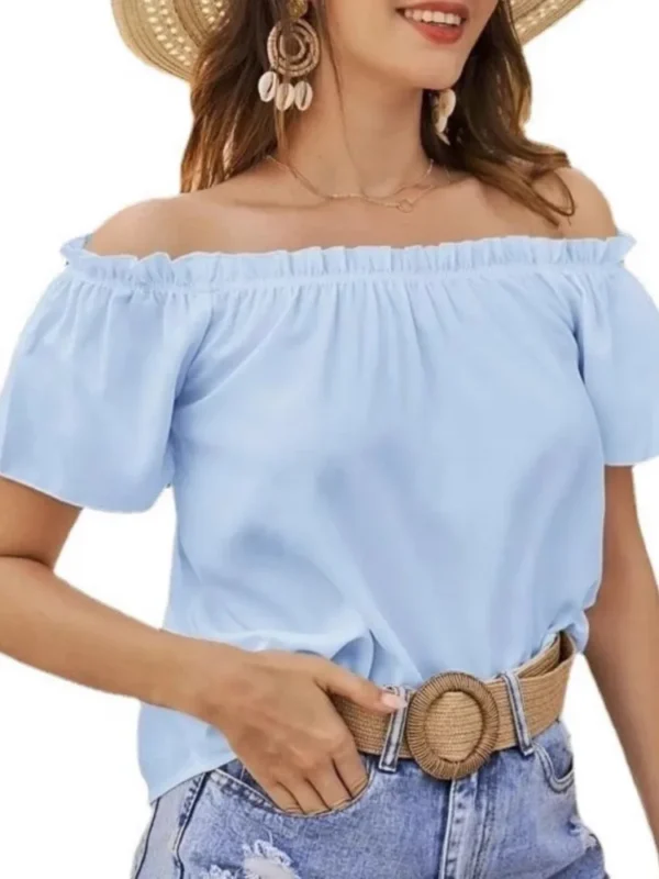 Elegant Solid Shirt Women Fashion Sexy Off Shoulder Short Sleeve Ruffles Top Shirts Lady Casual Office Holiday Tops Shirt Summer - Imagen 4