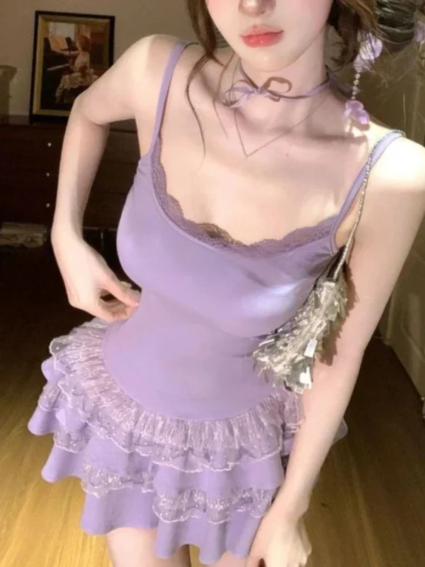 Summer Sexy 2 Piece Dress Set Women Elegant See Through Bodycon T-shirts + Lace Slim Strap Dress 2000s American Vintage Suits - Imagen 6