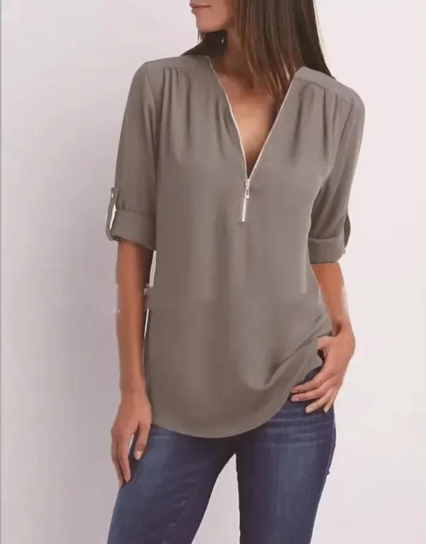 2025 Hot Sale Women Cool Loose Shirt Deep V Neck Chiffon Fashion Blouse Casual Ladies Tops Sexy Zipper Pullover Plus Size - Imagen 5