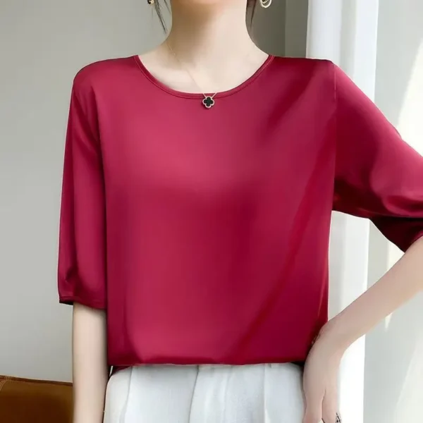 Summer satin Women Blouse Silky Loose Woman Shirt lady's half Sleeve tops Casual solid t-shirt O-Neck pullover women's clothing - Imagen 5