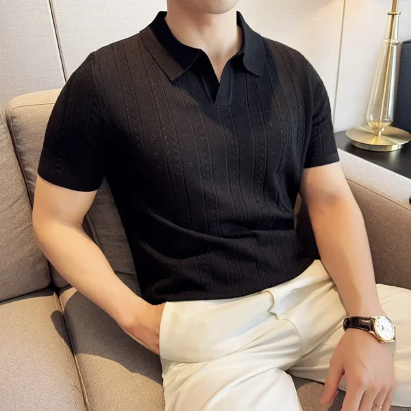 Men's Polo Shirt, Striped Jacquard Knit Short Sleeve, T-shirt V-neck Solid Color Elastic Top 2024. M-3XL,Summer Purple Thin - Imagen 4