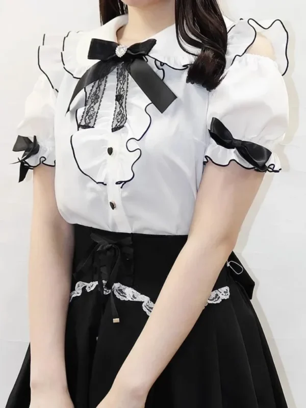 Sweet Lolita Fashion All Match Blouses Women Japanese Summer Y2k Aesthetic Ruffled Bow Shirts Girly Kawaii Patchwork Tops Blusas - Imagen 2