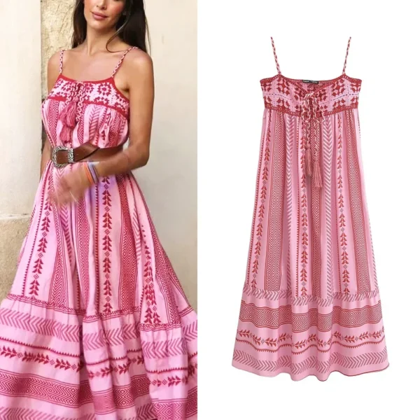 TRAF Long Dresses 2024 Summer Women's Elegant Midi Dresses Ladies Fashion Casual Print Embroidery Butterfly Lace-Up Slip Dress