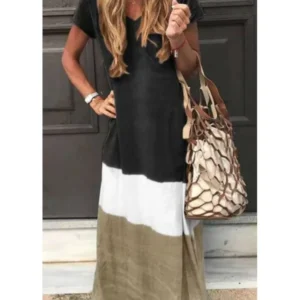 Casual Loose Contrasting Colors Long Dresses Women Fashion Summer V-neck Short Sleeves Maxi Dress Female Commuting Vestidos New