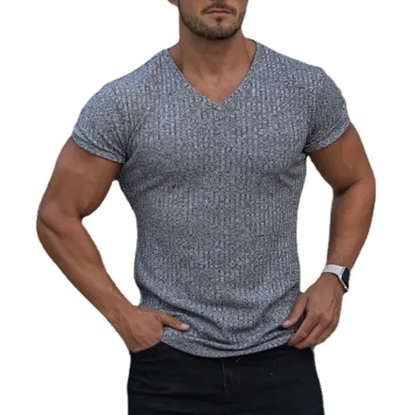 Mens V Neck Short Sleeve T Shirt Fitness Slim Fit Sports T-shirt Solid Fashion Strips Tees Tops Summer Knitted Gym Clothing - Imagen 3