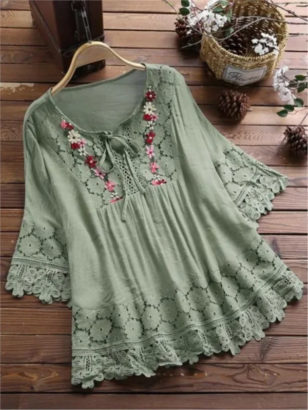 Summer Women Casual New Solid Shirt Tops Cotton And Linen Stitching Lace Flower V-neck Loose Top Blouse Elegant Holiday Shirts - Imagen 3