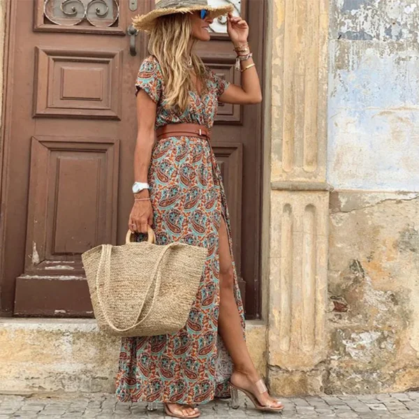 2024 Summer Bohemian Women's Long Dress V Neck Short Sleeve Floral Printed Beach Elegant Vintage Dress with Belt