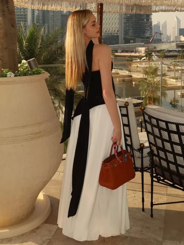 TARUXY Irregular Slit Vacation Long Dress For Women Elegant Contrast Slim Ribbon Dress Back Lace Up Female Strapless Summer New - Imagen 2