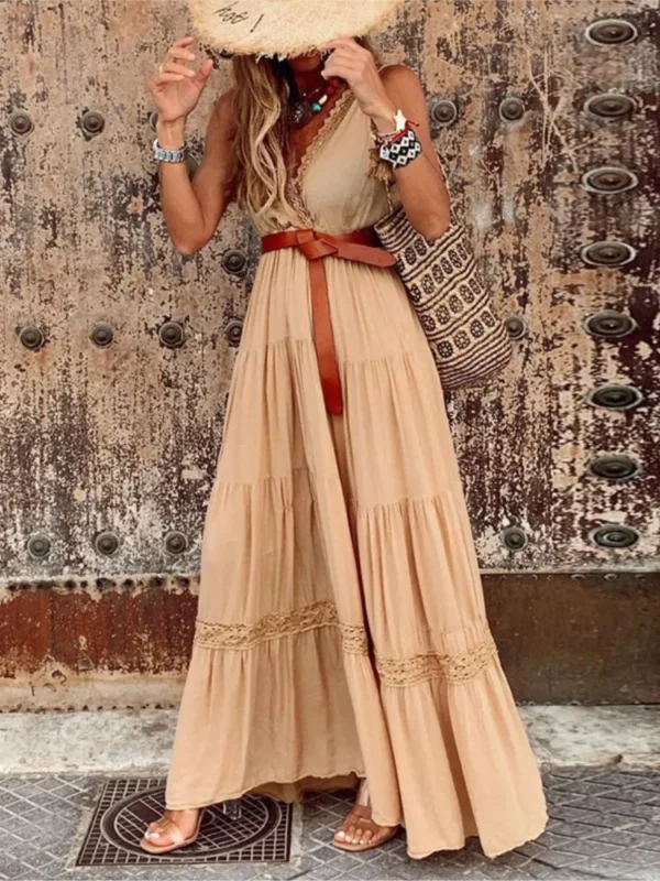 2025 Summer Bohemian Dress Women Sexy Lace Patchwork Casual Deep V-Neck Elegant Beach Long Dress Solid Sleeveless Vestidos Femme - Image 3