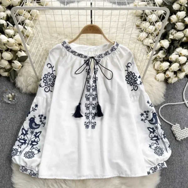 Neploe Vintage Heavy Embroidery Shirts Women Y2k Lace Up O-neck Tassel Blusas Mujer 2025 Spring New Long Sleeve Loose Blouses - Imagen 5