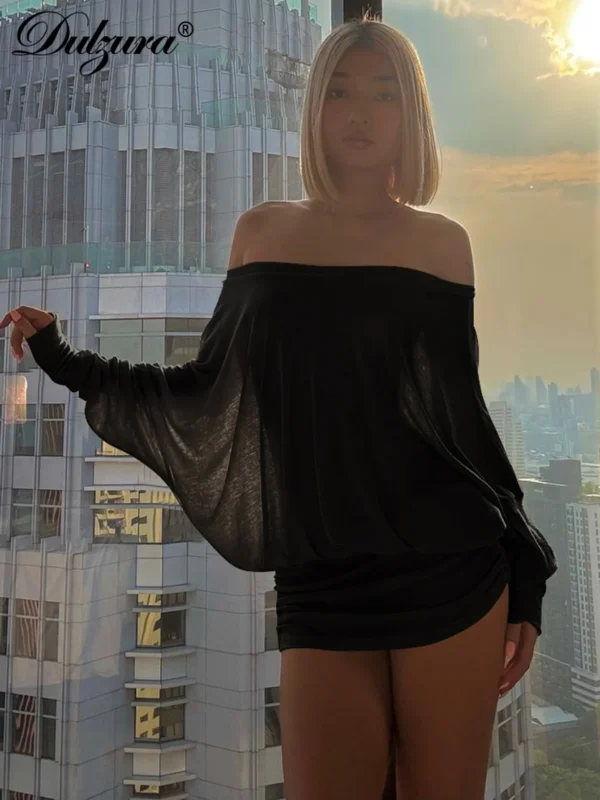 Dulzura Off Shoulder Long Sleeves Ruched Patchwork Mini Dress Women’S Sexy Elegant Casual Outfit Party Clubwear Spring Summer - Imagen 5