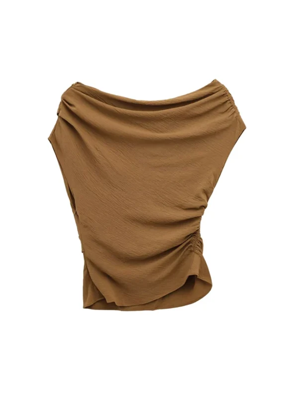 TRZA Women's Asymmetric Draped Blouse O-Neck Sleeveless Chic Fashion Top Female Shirt - Imagen 4