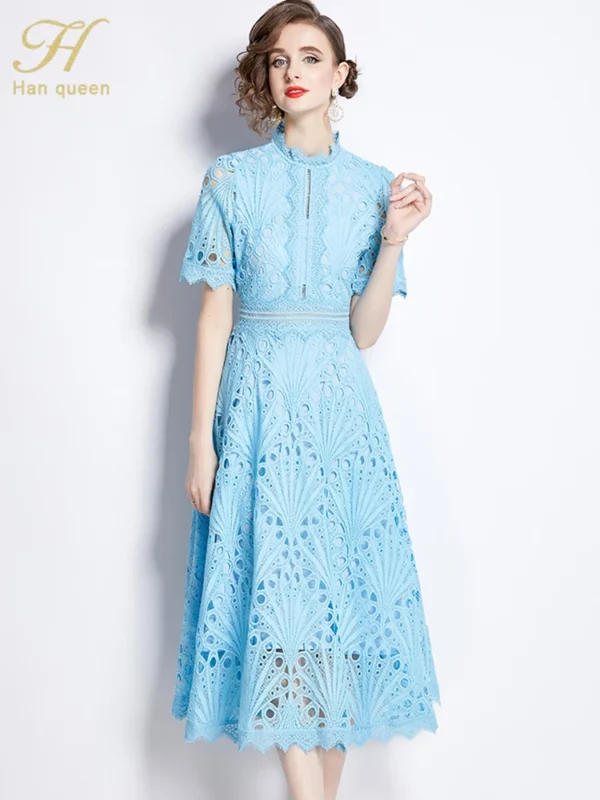 H Han Queen Spring New Elegant Casual Work Party Dresses Floral Crochet Hollow Out Lace Patchwork Casual Office Midi Dress - Imagen 3