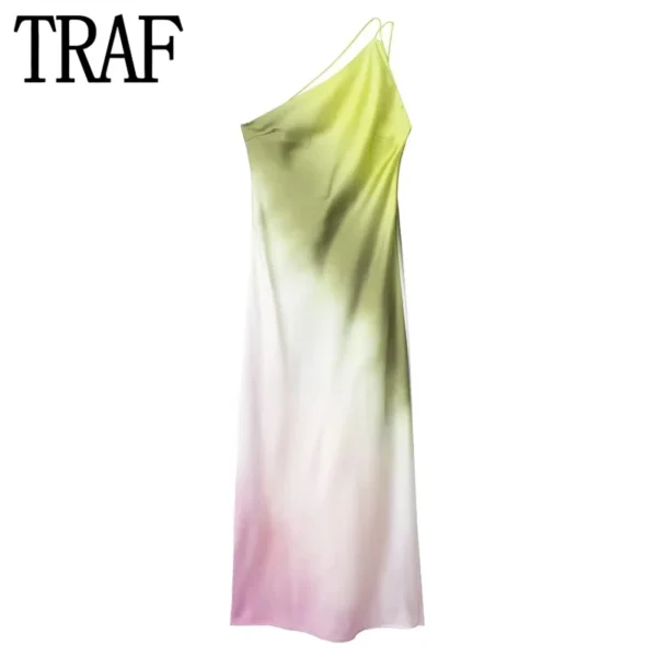 TRAF Tie Dye Long Dress Women Asymmertic Satin Backless Dress Woman Off Shoulder Sexy Evening Party Dresses Midi Summer Dresses - Imagen 2
