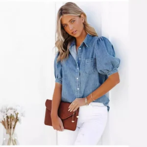 Women Denim Shirt Tops Blouse Washed Distressed Overshirt 2025 Casual Lapel Princess Sleeve Single Breasted Pocket Outerwear