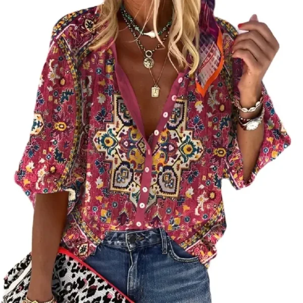 Vintage Print Single-breasted Cardigan Shirt Women Stand-up Collar Loose Casual Blouse Summer Female Seven-quarter Sleeves Tops
