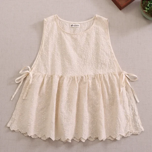 Japanese Sweet Mori Girl Embroidery Sleeveless Blouse Women Summer O-neck Solid Color Vintage Loose Vest Tank Tops - Imagen 3