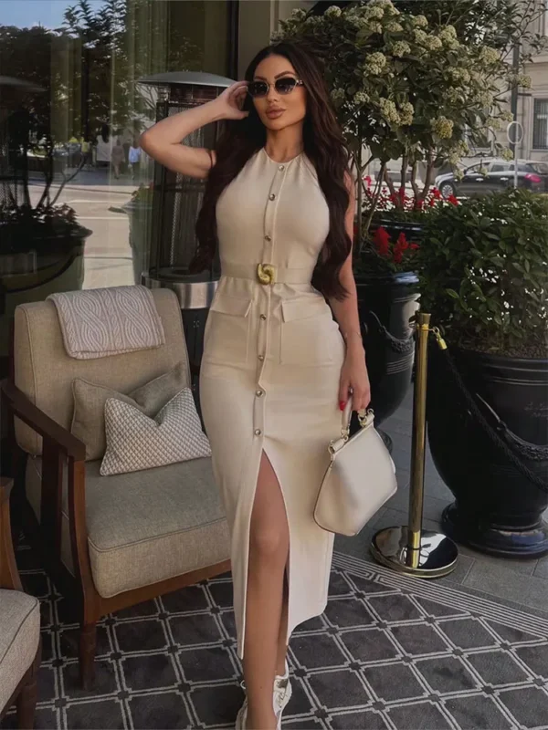 TRAFZA Women Casual Solid Belt Midi Dress O Neck Single Breasted Sleeveless Dresses Front Slit Slim Lady Elegant Evening Dress - Imagen 4
