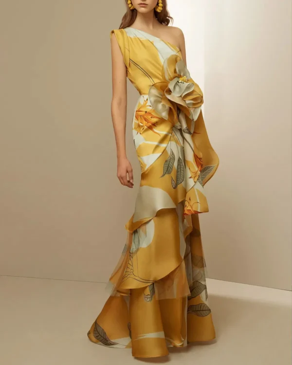 Elegant Banquet Floral Print Dress Women French Retro High-end One Shoulder Waist Cinching Party Evening Dresses Spring Summer