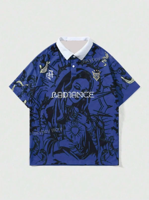 New IN Men's Summer Short Sleevedpolo Shirt Virgin Mary Printed Striped Polo Shirt Men Busibness Casual Top Men Clothing
