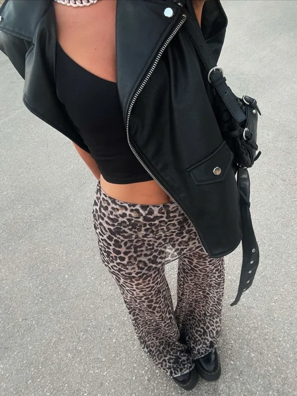 Mozision Mesh Leopard Print Trousers Woman Fashion High Waist Print Wide Leg Pants Female Elegant Printed Long Pants Bottoms - Imagen 4