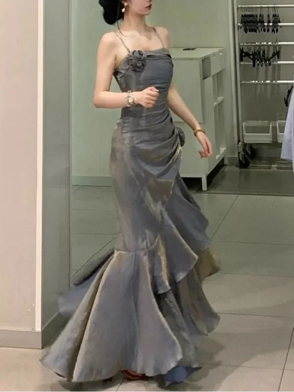 Korean Vintage Velvet Long Dress Women Luxury Slim Mermaid Spaghetti Strap Floral Dress Elegant Sexy Casual Evening Party Dress - Imagen 5