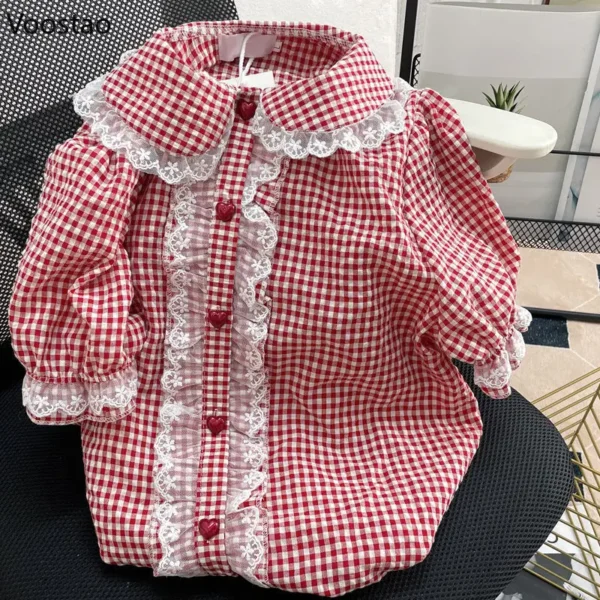 Japanese Lolita Style Lace Plaid Blouses Summer Women Kawaii Peter Pan Collar JK Shirt Cute Girls Sweet Puff Sleeve Blusas Mujer - Imagen 4