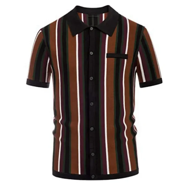 New Men's Summer Cardigan Knitted T-shirt Business High-end Slim Short Sleeve Lapel Striped Casual Fashion Polo Shirt Men M-3XL - Imagen 3
