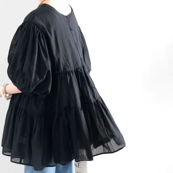 Kuzuwata Solid Color Lantern Sleeve Shirt Women Summer Japanse Mid-Length Blouse Chic Casual Temperament Slim Round Neck Blusa - Imagen 4