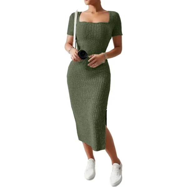 Summer Square Neck, Hip-Hugging Mid-Length Skirt, Short-Sleeved, Versatile Knitted Slit Dress - Imagen 2