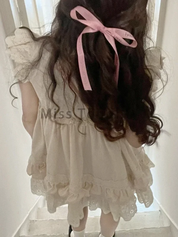 Summer Lolita Kawaii Mini Dresses Women Flying Sleeve Japanese Sweet Cute Dress Female Korean Style Ruched Fairy Party Dress - Imagen 6