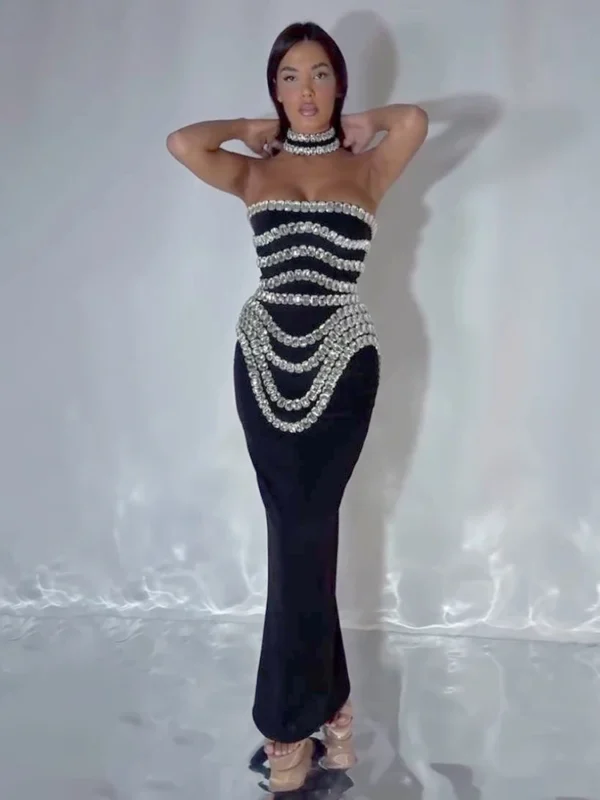 VC Black Strapless Long Dress Diamonds Embellished Bodycon Bandage Prom Celebrity Party Evening Gowns Dropshipping - Imagen 4