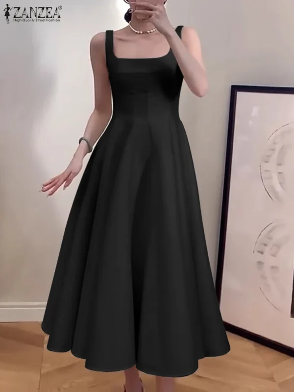 ZANZEA Women Sleeveless Tank Dress Vintage Solid A-line Dresses 2024 Summer Holiday Waisted Robe Casual Square Collar Midi Robe - Imagen 2
