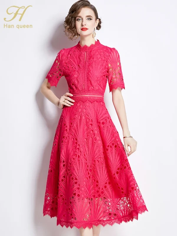H Han Queen Spring New Elegant Casual Work Party Dresses Floral Crochet Hollow Out Lace Patchwork Casual Office Midi Dress - Imagen 4