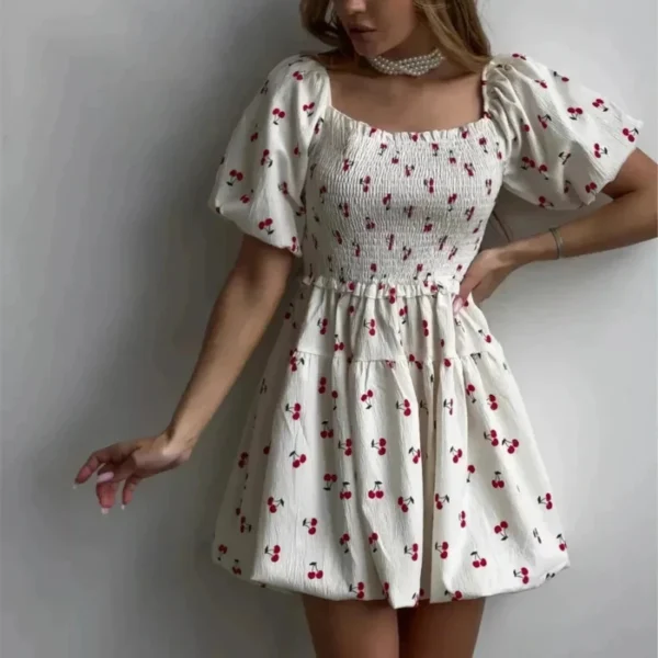 Traf 2025 Spring/Summer White Cherry Printed Bubble Short Sleeve Dress, Sexy Off Shoulder Knee, Daily Casual Versatile Dress - Imagen 3