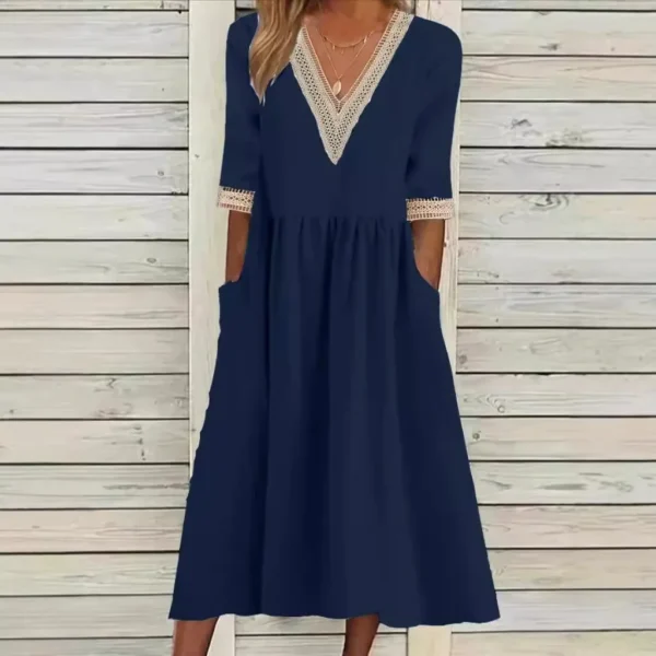 Elegant Women's Cotton Dress Spring Summer 2025 Loose Cotton Hemp Lace Collar 5/4 Sleeve Midi Dress vestidos de mujer casuales - Imagen 4