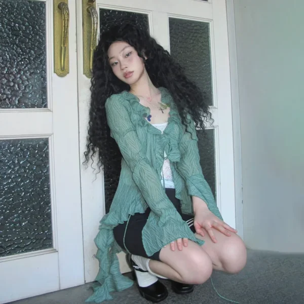 Karrram Japanese Y2k Lace Shirt Vintage 2000s Style Ruffles Blouses Grunge Aesthetics Irregular Green Shirts American Retro 90s - Imagen 3