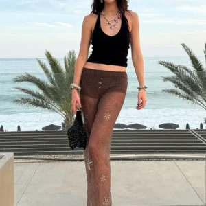 Women Fashion Sequin Long Pants Elegant Patchwork See Through Printing Drop Waist Wear Lady Summer Holiday Commute Streetwear