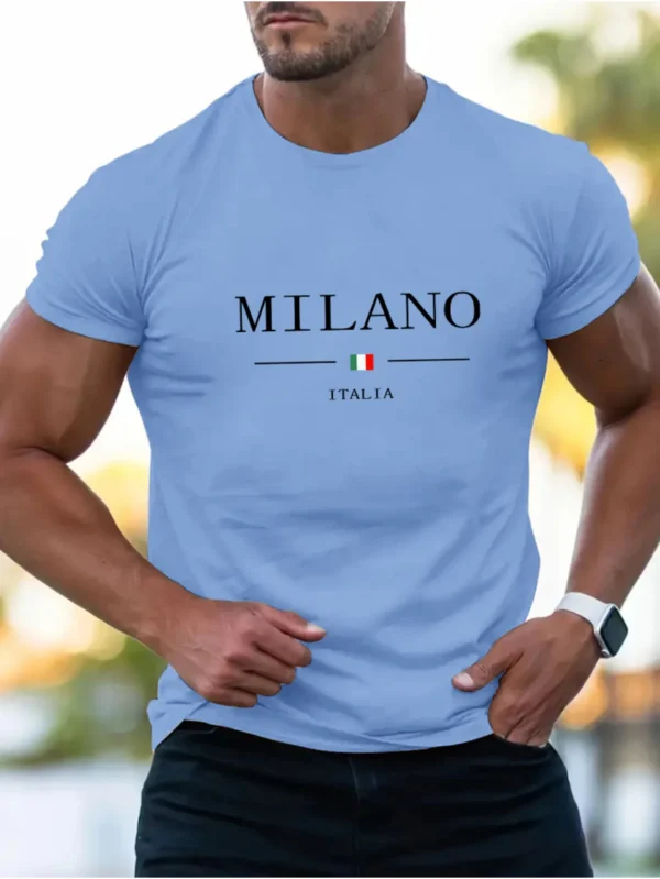 Summer men's casual sports loose plus MILANO print comfortable shopping round neck short sleeved T-shirt top - Imagen 2