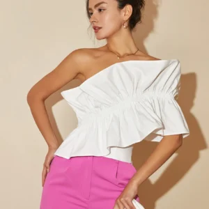 AEL Fashion Original One-Shouldered Sleeveless Tucked T-shirt Large Lotus Leaf Edge White Slim Blouse Woman