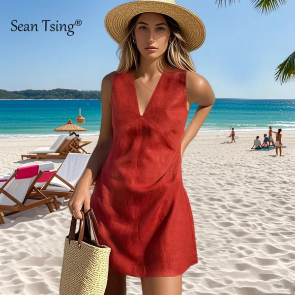 2025 Linen Summer Women Dresses Sexy V-Neck Sleeveless Basic Tank Dress Elegant Party Dresses Chic Boho Red Sundress - Imagen 2