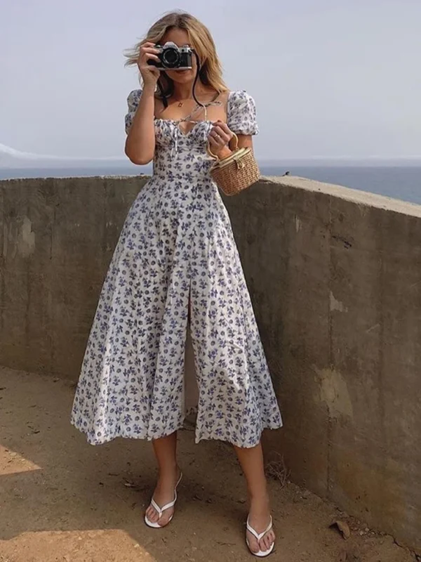 Summer Women Puff Sleeve Floral Printed Dress,Long Dresses,Woman Clothing,Dress Women,Women's Elegant Dresses,Sexy Costume Women - Imagen 2