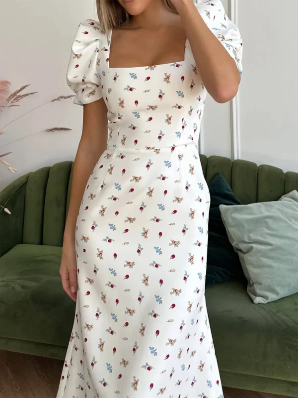 New Fashion Womens Summer Midi Dress Casual Short Puff Sleeve Floral Print A-Line Dress Elegant Flowy Dress Hot Sale S M L - Imagen 2