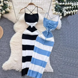 New Summer Stripe Elastic Bodycon Strap Dress Sexy Blackless Beach Sundress Women Casual Slim Pencil Vestidos Maxi Long Dress